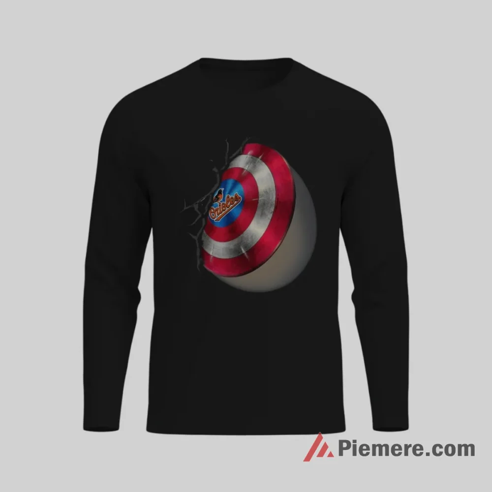 Captain America Shield Baltimore Orioles Baseball Hero Shirt on black long sleeve shirt for men graphic tee