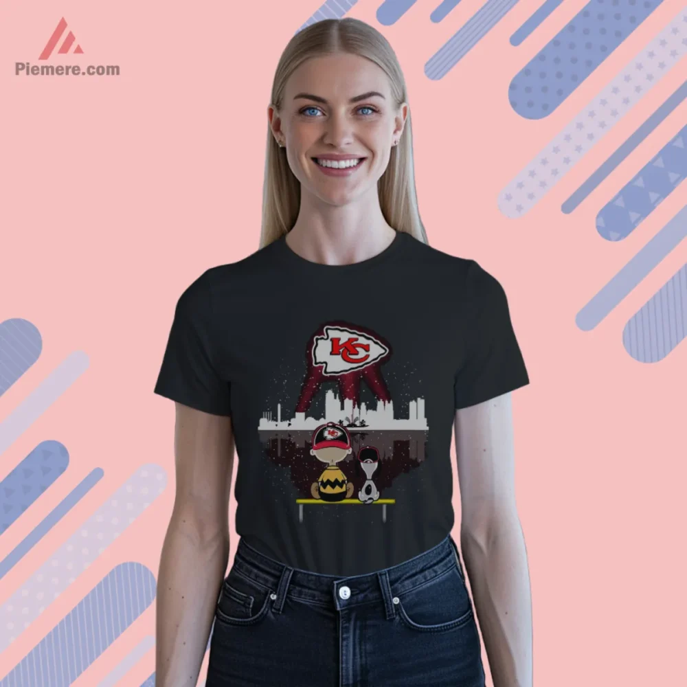 Charlie Brown Snoopy Kansas City Chiefs Football Shirt with skyline and arrowhead logo