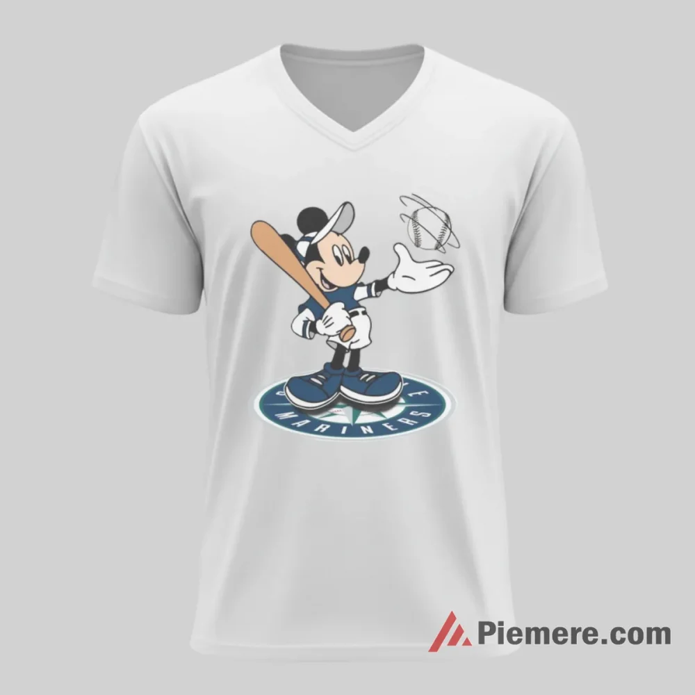 Cheerful Mickey Mouse Seattle Mariners Baseball Shirt on white v-neck shirt for men graphic tee