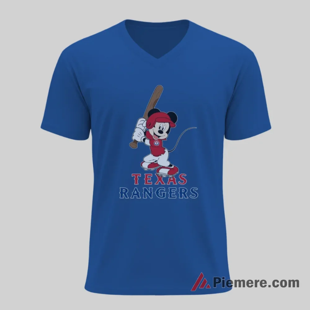 Cheerful Mickey Mouse Texas Rangers Baseball Classic Shirt on royal blue v-neck shirt for men graphic tee