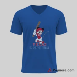 Cheerful Mickey Mouse Texas Rangers Baseball Classic Shirt on royal blue v-neck shirt for men graphic tee