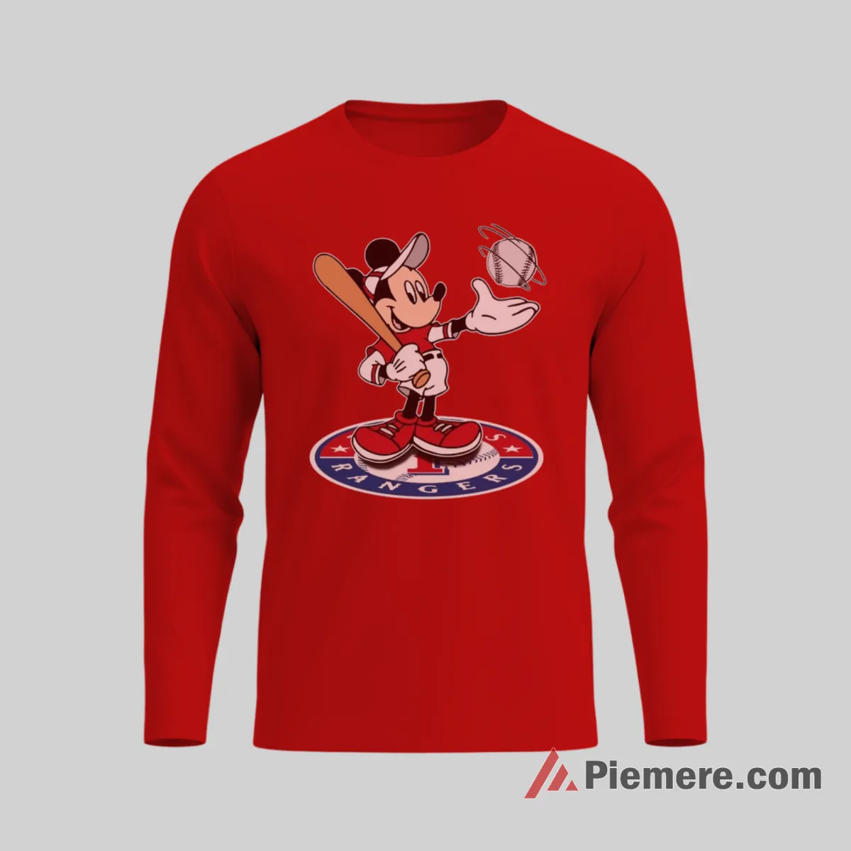 Cheerful Mickey Mouse Texas Rangers Baseball Fan Shirt on red long sleeve shirt for men graphic tee
