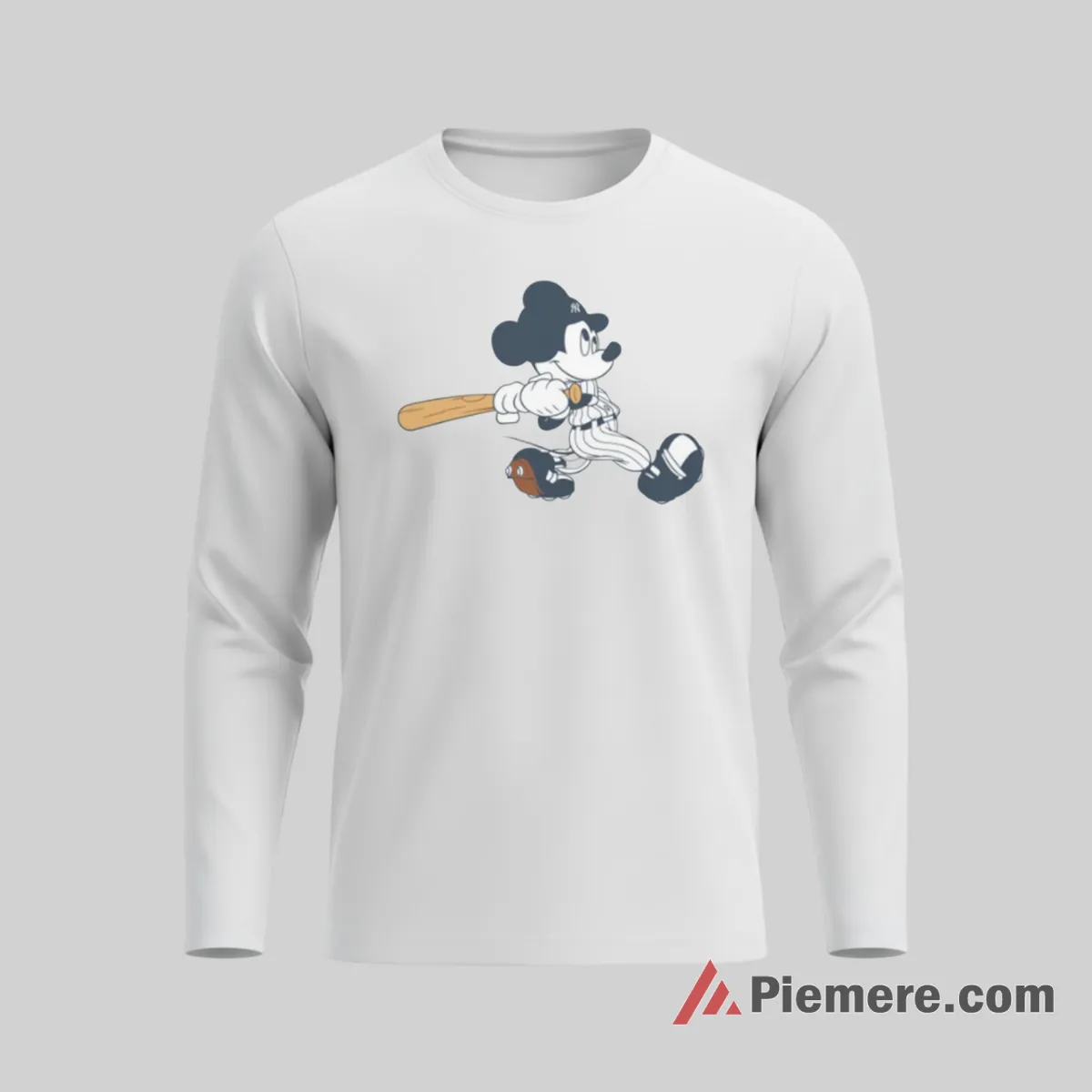 Classic Cartoon Mickey Yankees Home Run Swing Shirt on white long sleeve shirt for men graphic tee