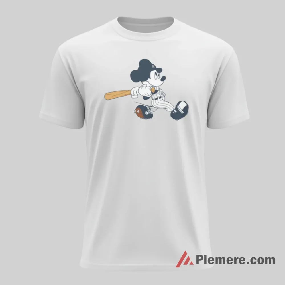 Classic Cartoon Mickey Yankees Home Run Swing Shirt on white short sleeve shirt for men graphic tee