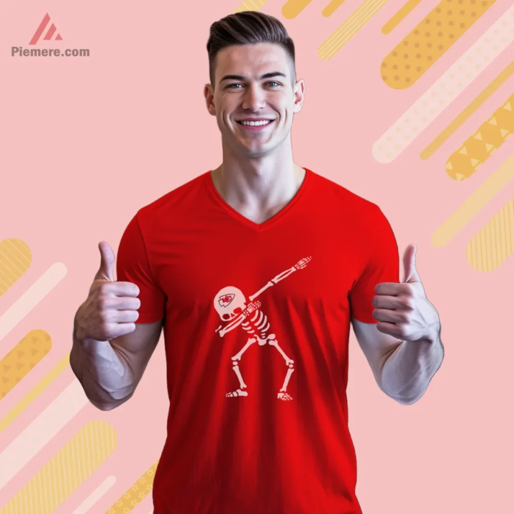 Dabbing Skull Kansas City Chiefs Football Shirt with white skeleton and KC mark on red