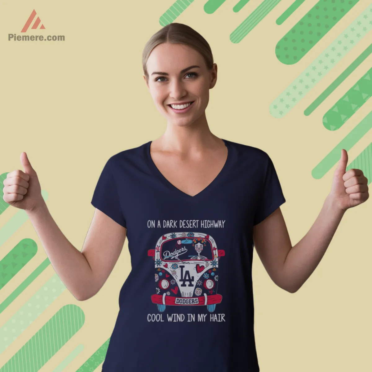 V neck navy tee featuring a Dodgers desert highway van design