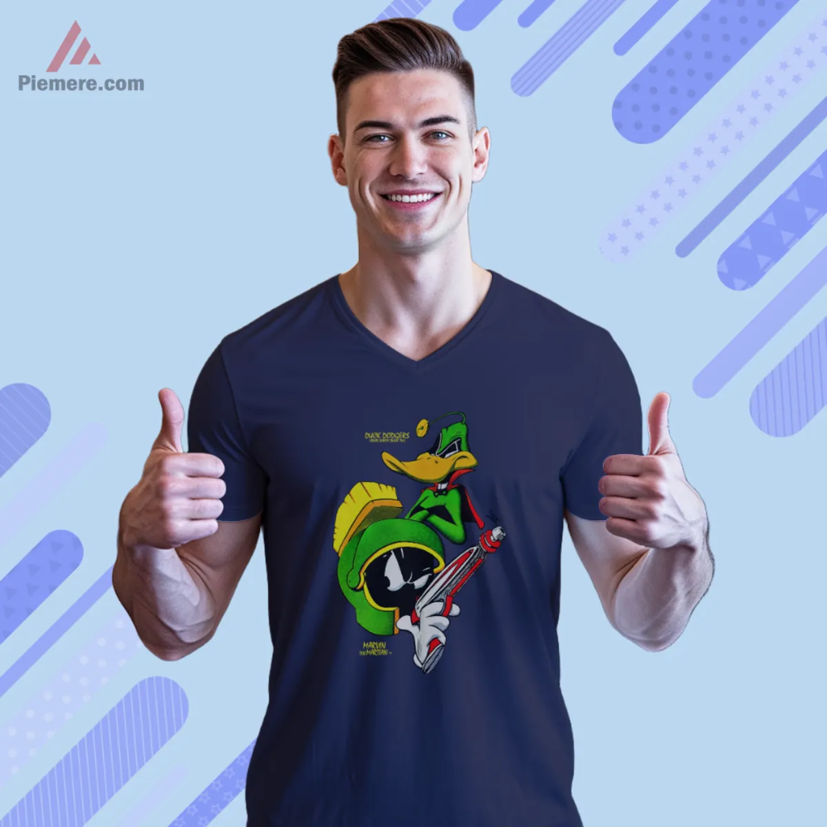 V neck navy tee with Duck Dodgers and Marvin artwork