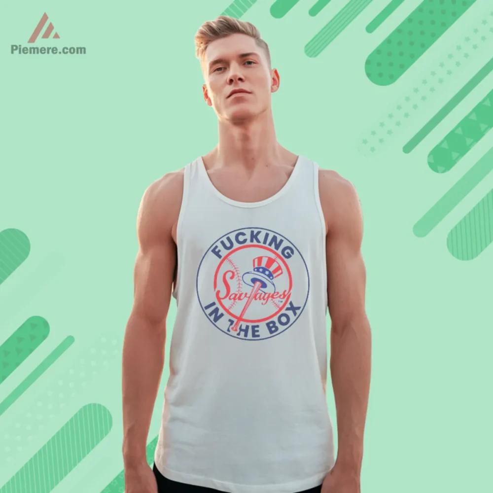 Fucking Savages In The Box Shirt round badge graphic in red and navy