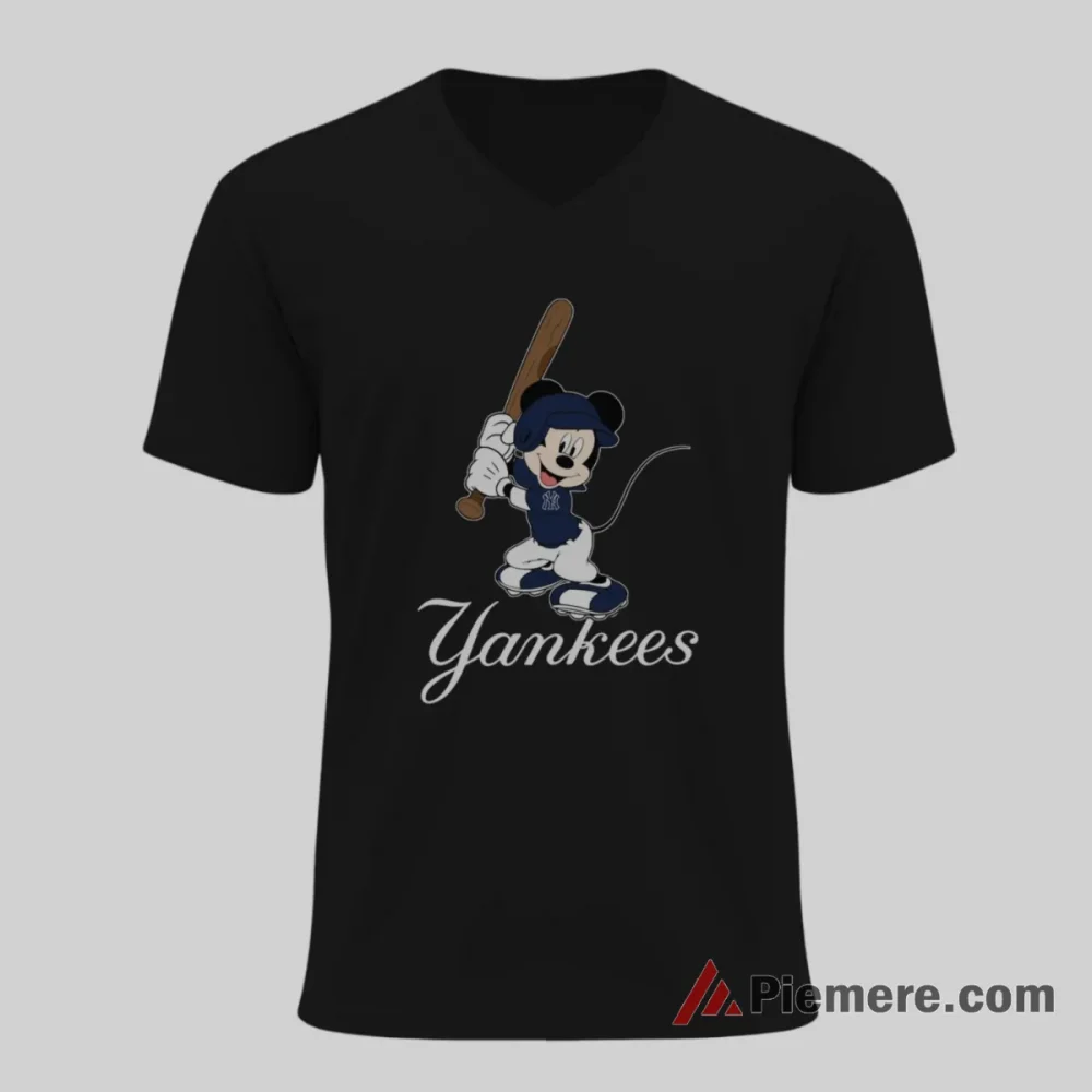 Funny Batter Mickey Yankees Cartoon Action Shirt on black v-neck shirt for men graphic tee