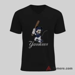 Funny Batter Mickey Yankees Cartoon Action Shirt on black v-neck shirt for men graphic tee