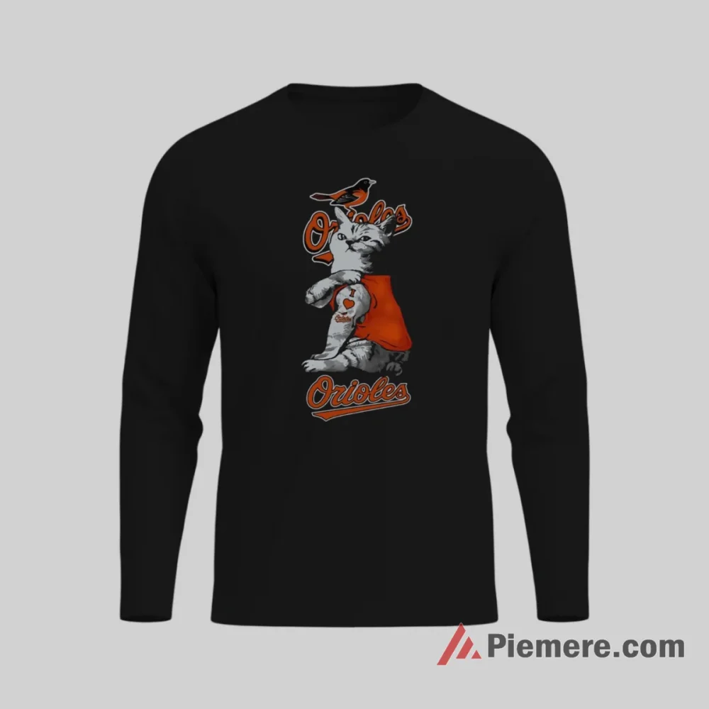 Funny Cat Baltimore Orioles Baseball Fan Shirt on black long sleeve shirt for men graphic tee