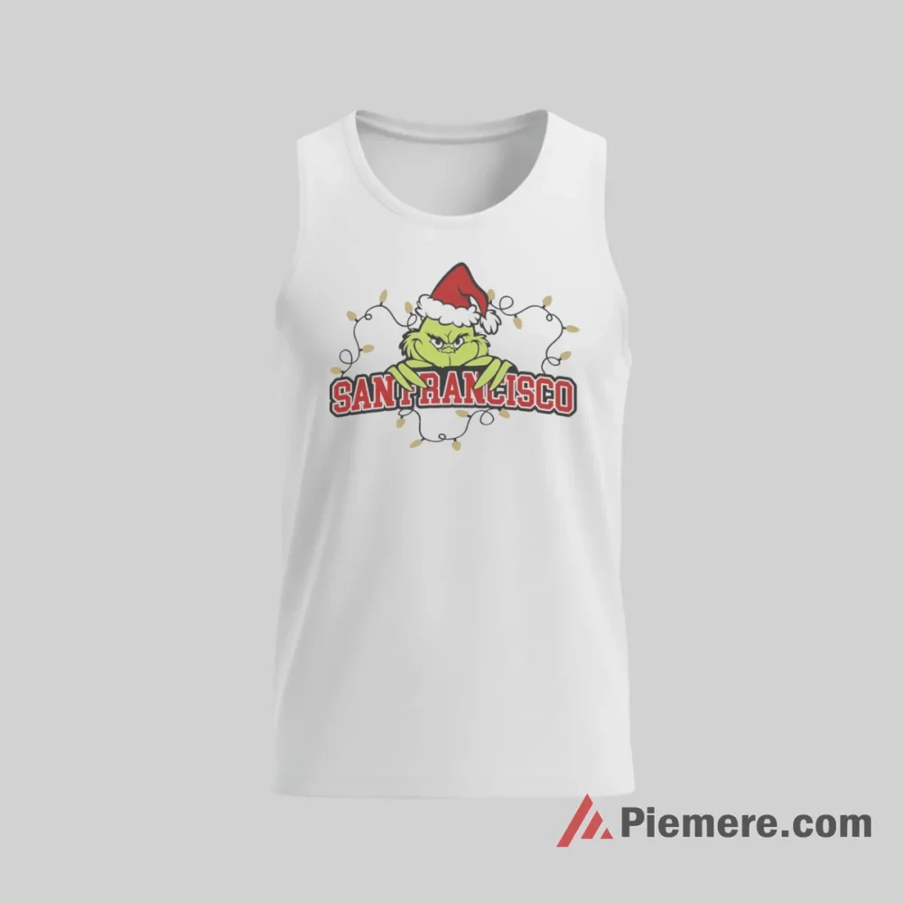 Funny Grinch San Francisco 49ers Christmas Lights Shirt on white tank top for men graphic tee