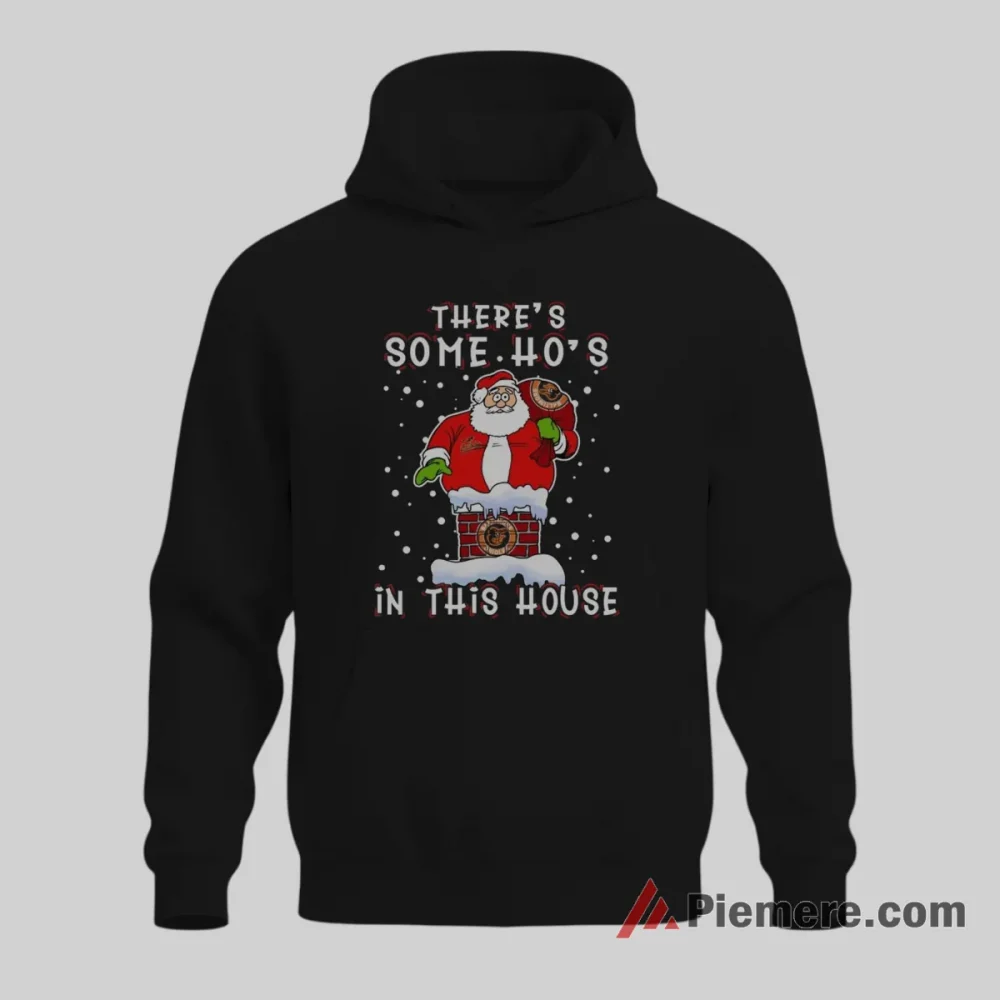 Funny Santa Stuck In Chimney Baltimore Orioles Shirt on black hoodie for men graphic tee