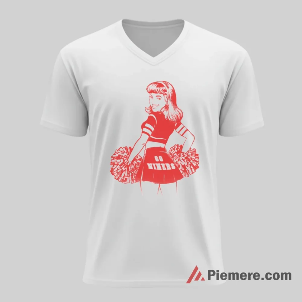 Go Niners Retro Cheerleader Spirit Shirt on white v-neck shirt for men graphic tee