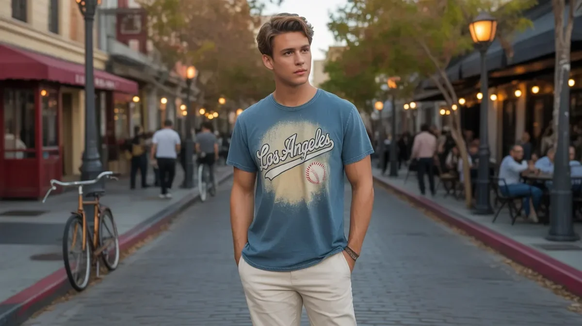 Young man wearing a graphic T shirt inspired by baseball culture in everyday city life