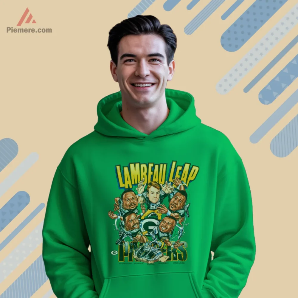 Packers Lambeau Leap cartoon graphic on Irish green hoodie