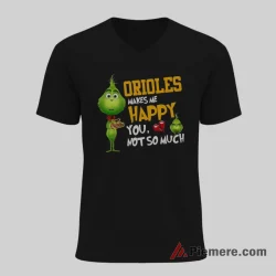 Grinch Baltimore Orioles Makes Me Happy Shirt on black v-neck shirt for men graphic tee
