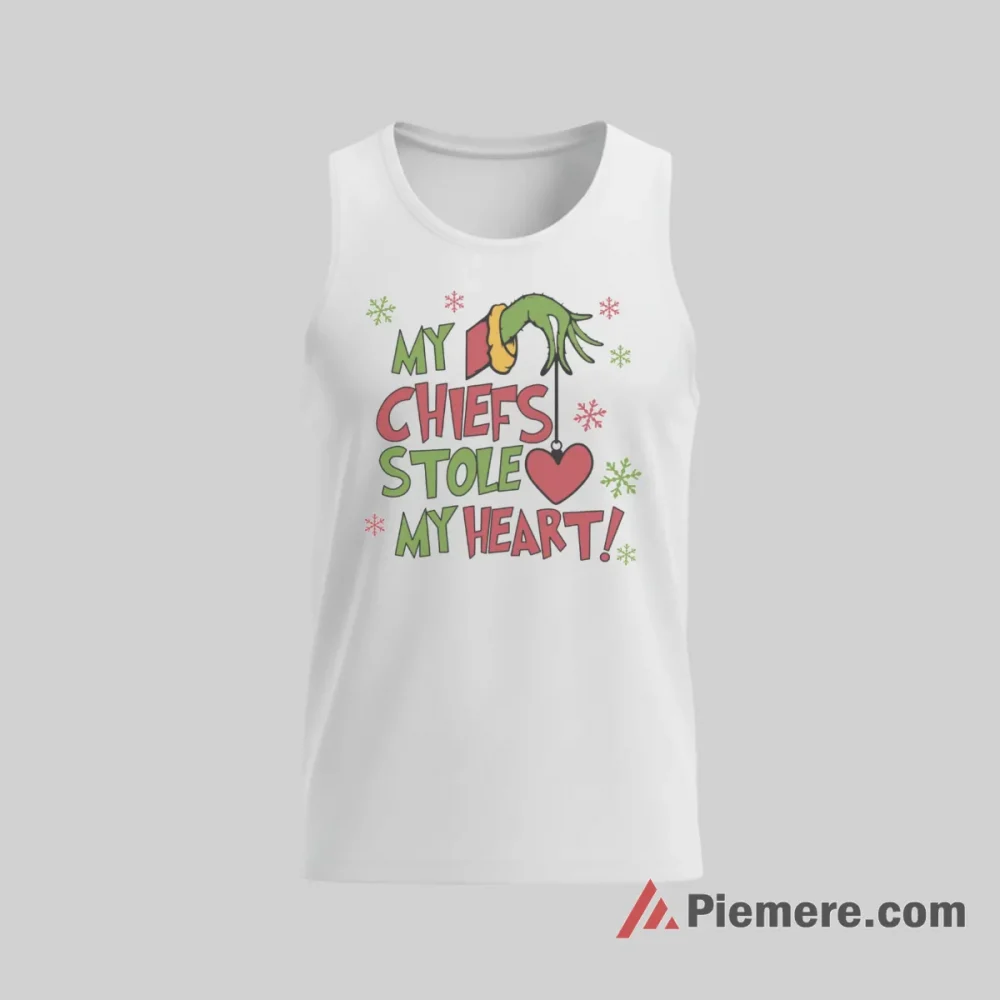 Grinch Kansas City Chiefs Christmas Heart Shirt on white tank top for men graphic tee