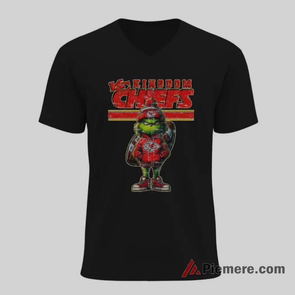 Grinch Kansas City Chiefs Vintage Kingdom Street Shirt on black v-neck shirt for men graphic tee