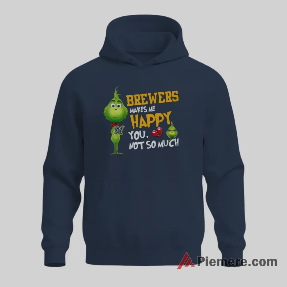 Grinch Milwaukee Brewers Makes Me Happy Funny Christmas Fan Shirt on navy hoodie for men graphic tee