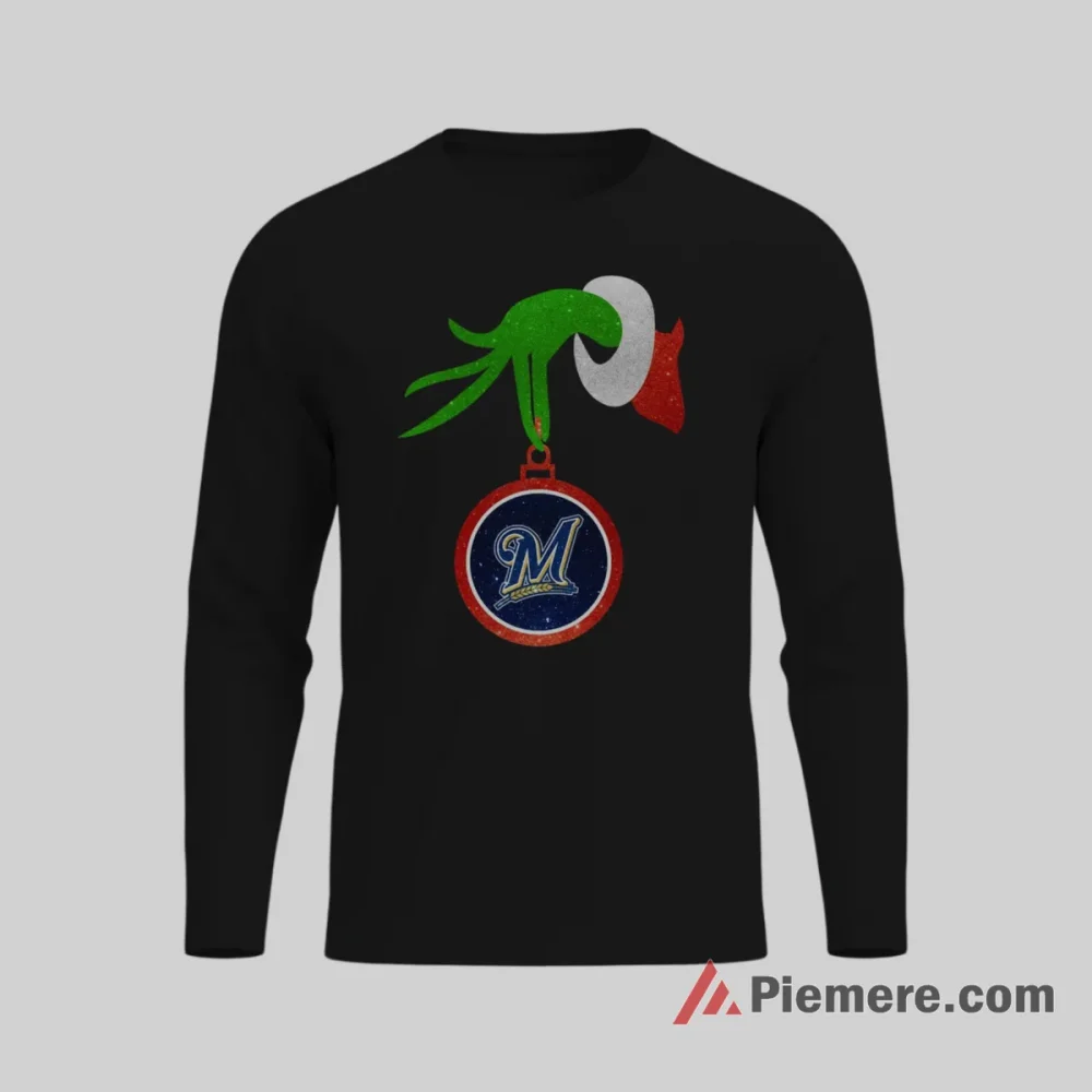 Grinch Ornament Milwaukee Brewers Merry Christmas Shirt on black long sleeve shirt for men graphic tee