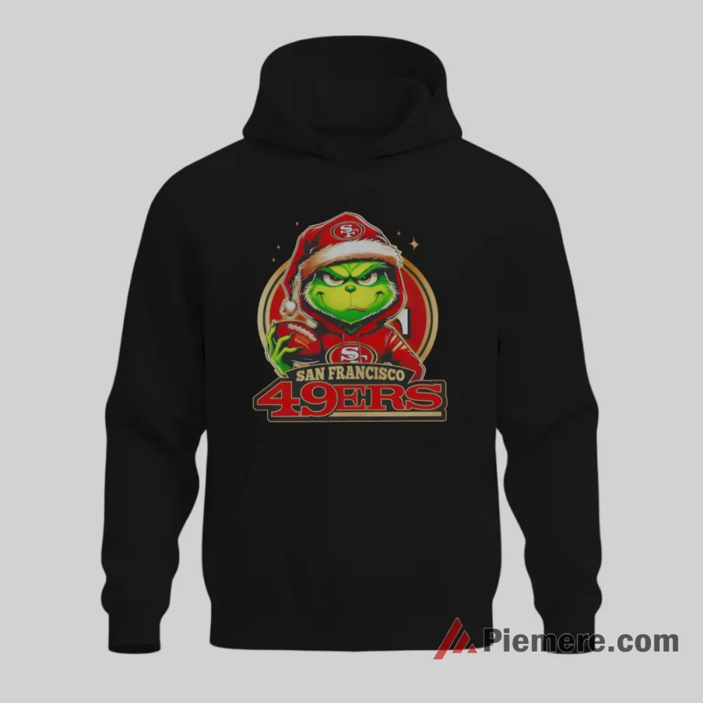 Grinch Santa San Francisco 49ers Christmas Fan Shirt on black hoodie for men graphic tee