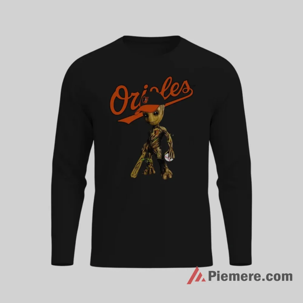 Groot Baltimore Orioles Cute Tree Hero Shirt on black long sleeve shirt for men graphic tee