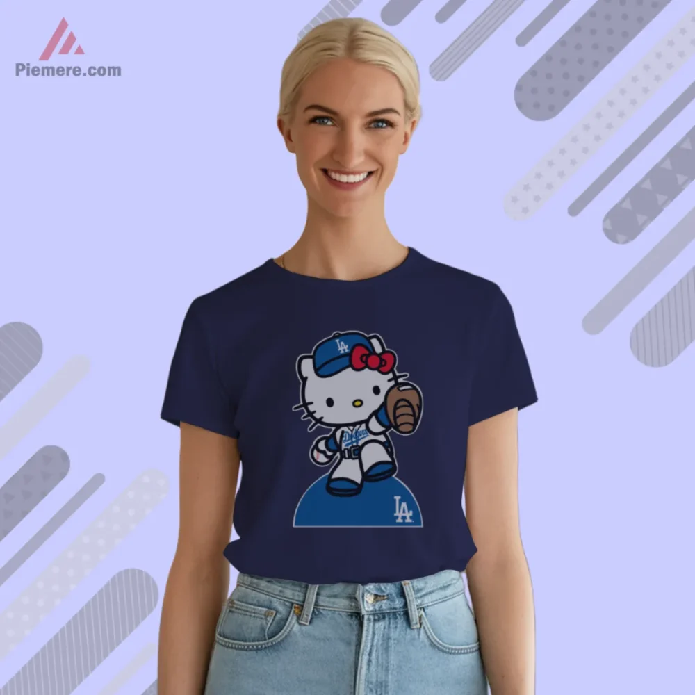Hello Kitty Dodgers Shirt with pitcher pose on navy