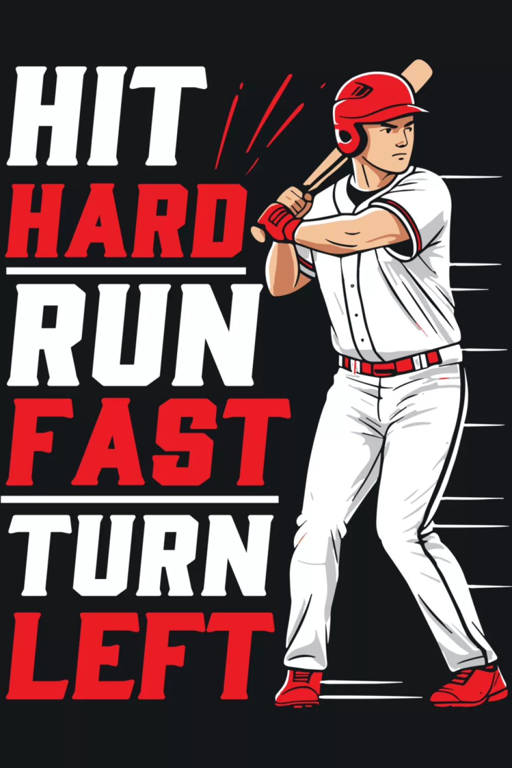 Minimal baseball player pose with bold text that highlights the running and turning punchline.