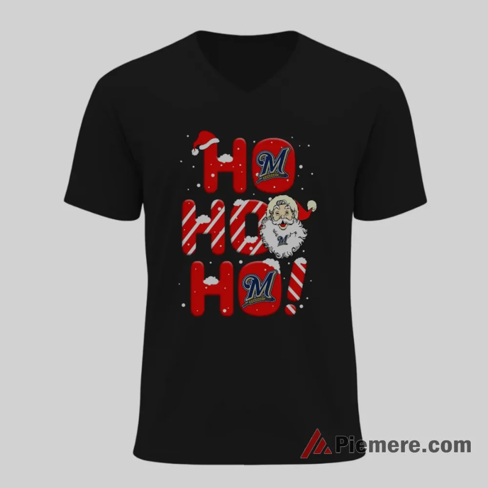 Ho Ho Ho Milwaukee Brewers Santa Christmas Shirt on black v-neck shirt for men graphic tee