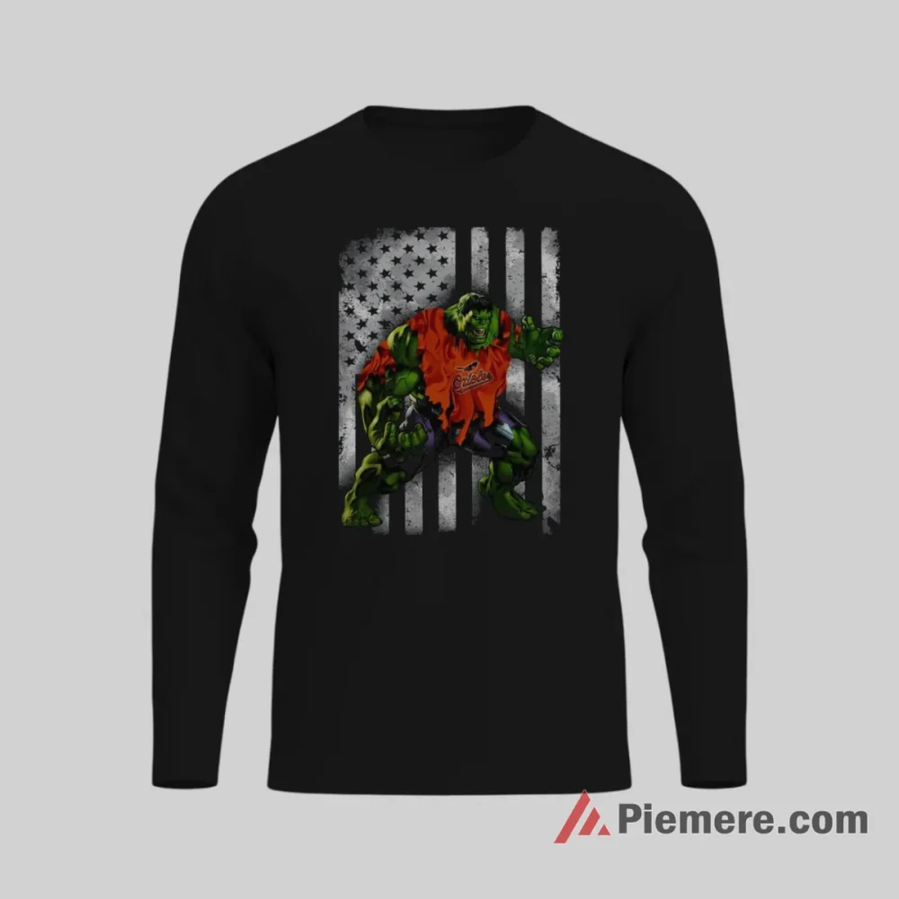Hulk Baltimore Orioles Patriotic Power Baseball Shirt on black long sleeve shirt for men graphic tee