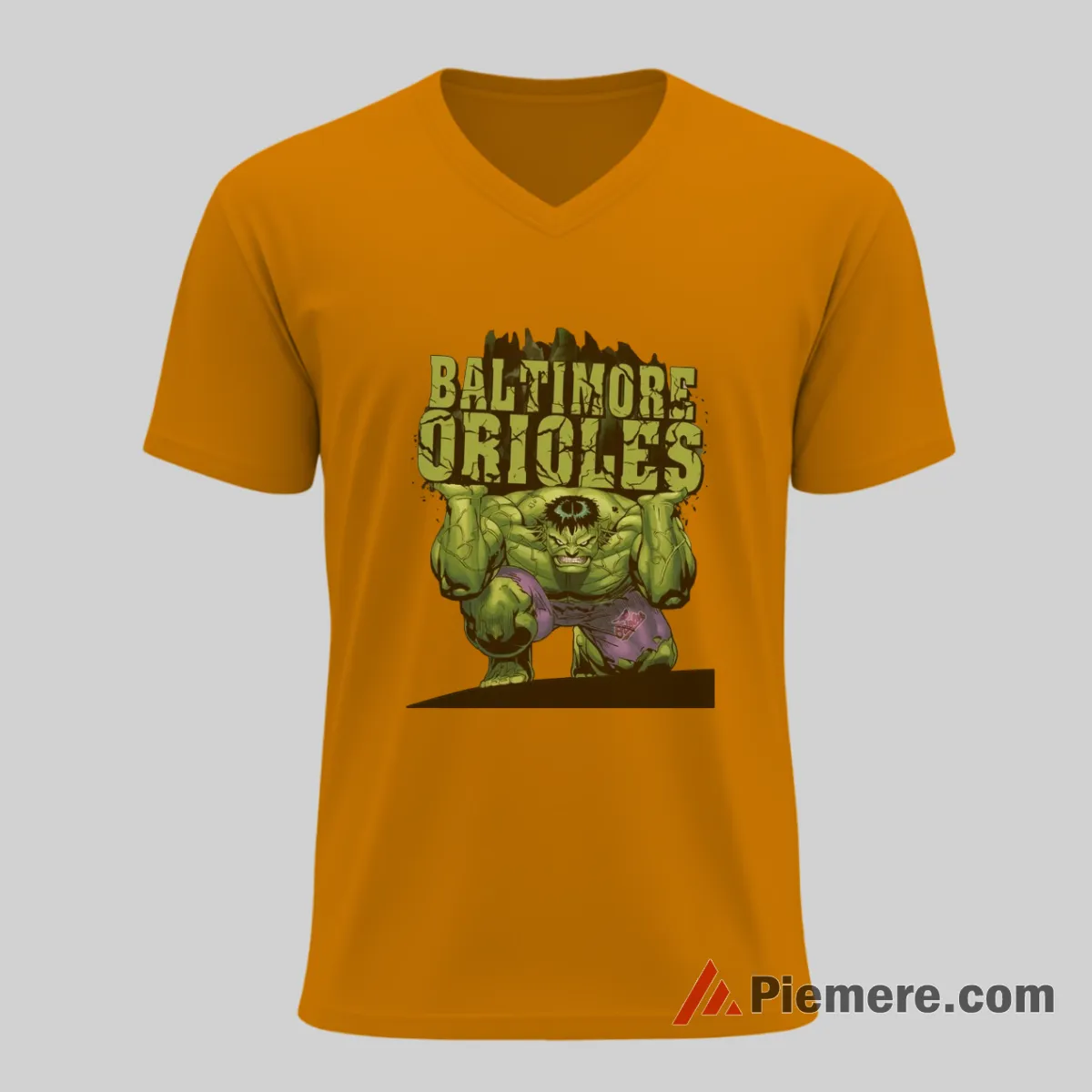 Hulk Baltimore Orioles Smash Power Baseball Shirt on orange v-neck shirt for men graphic tee