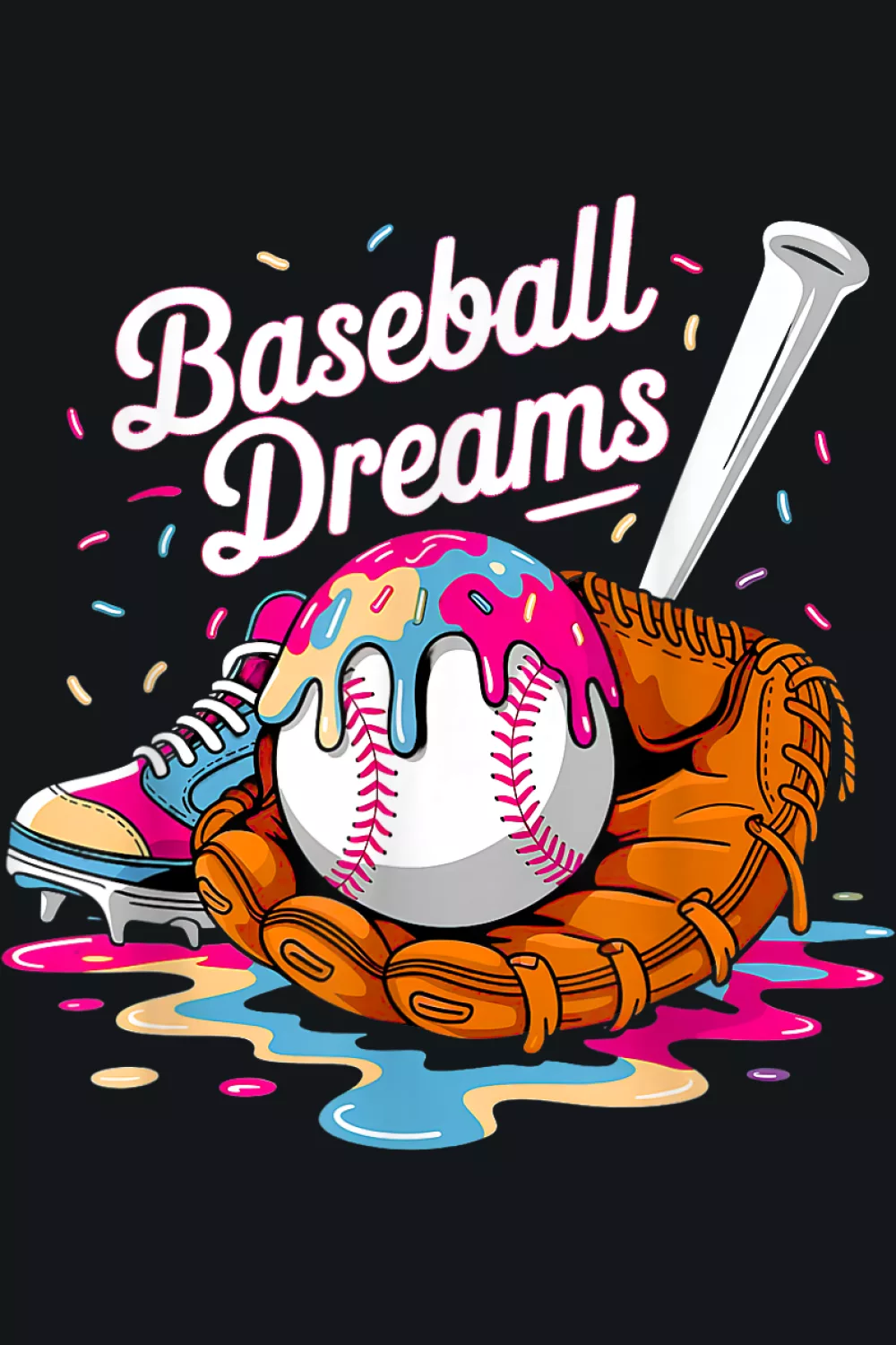 Baseball Dreams badge with balls and bats in a glove