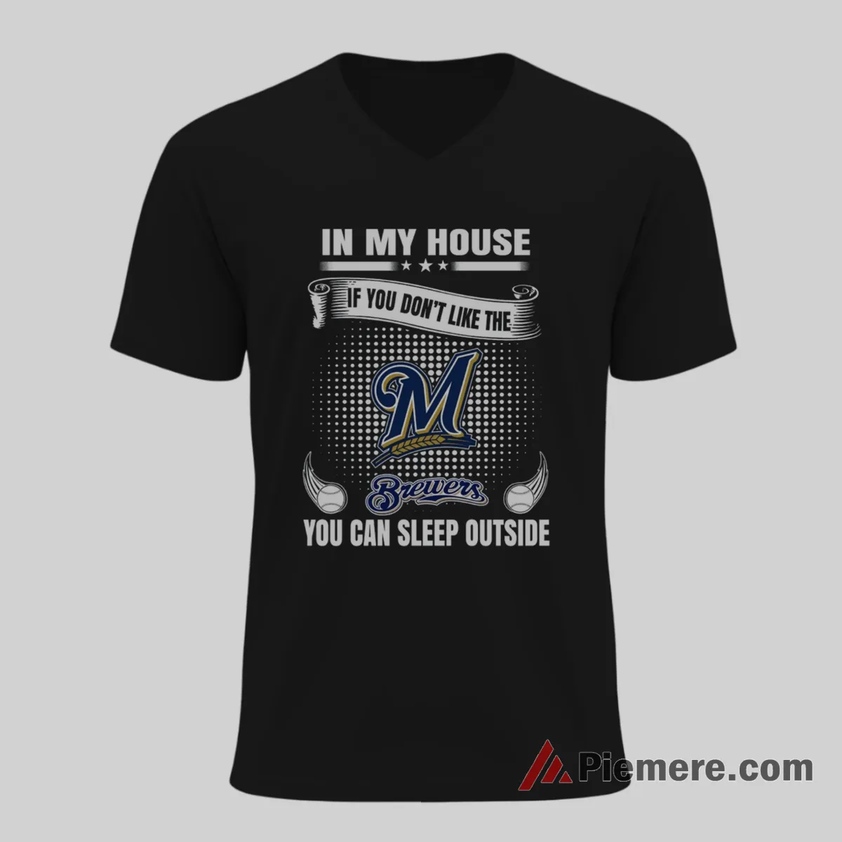 In My House Milwaukee Brewers Fans Only Funny Shirt on black v-neck shirt for men graphic tee