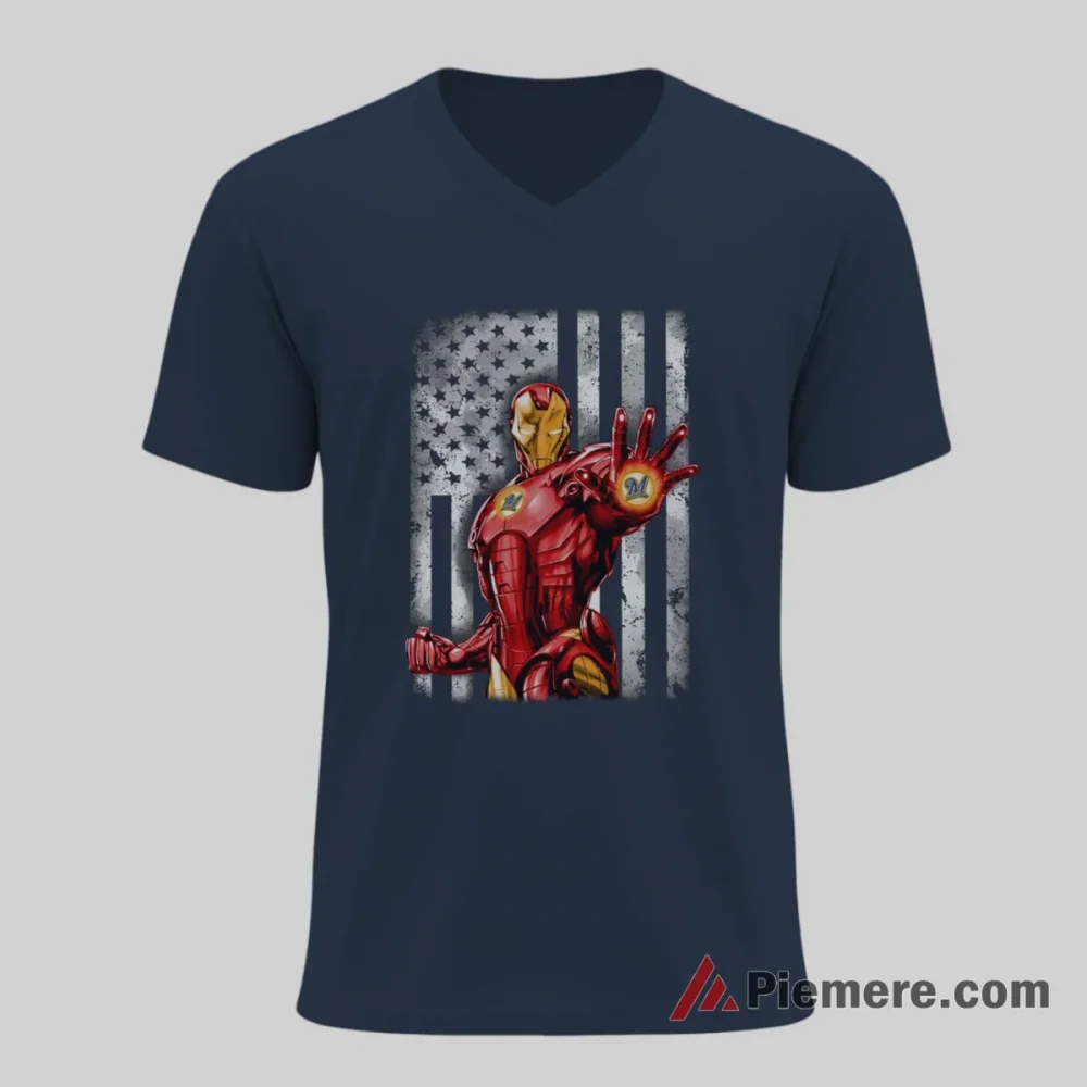 Iron Man Milwaukee Brewers American Flag Superhero Shirt on navy v-neck shirt for men graphic tee