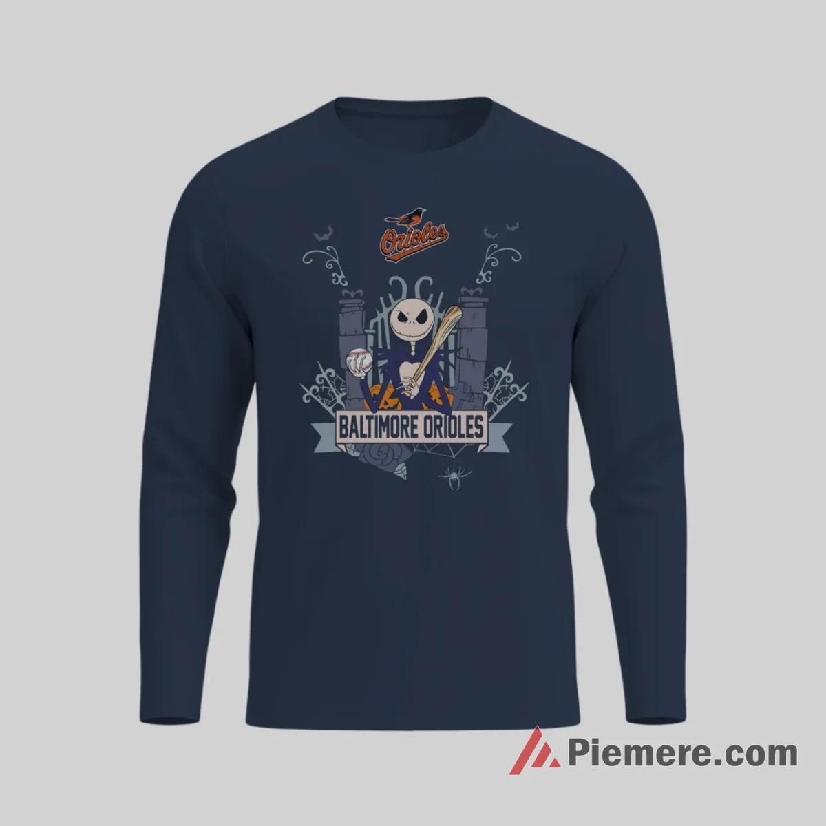 Jack Skellington Baltimore Orioles Halloween Fan Shirt on navy long sleeve shirt for men graphic tee