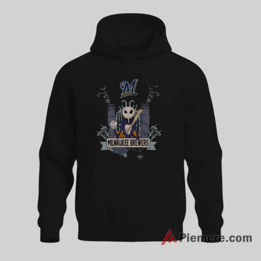 Jack Skellington Milwaukee Brewers Halloween Fan Shirt on black hoodie for men graphic tee
