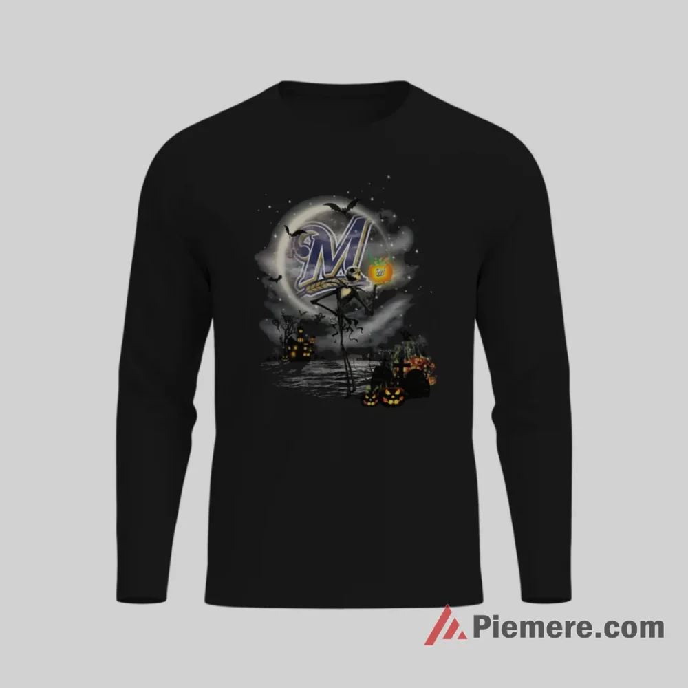 Jack Skellington Pumpkin Milwaukee Brewers Halloween Fan Shirt on black long sleeve shirt for men graphic tee