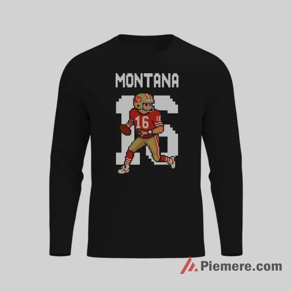 Joe Montana San Francisco 49ers Retro Pixel Shirt on black long sleeve shirt for men graphic tee
