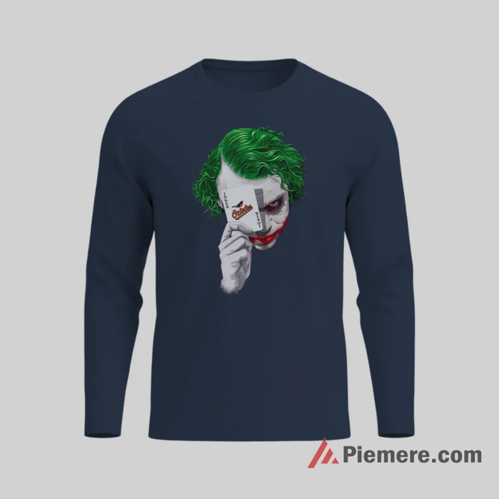 Joker Baltimore Orioles Playing Card Shirt on navy long sleeve shirt for men graphic tee