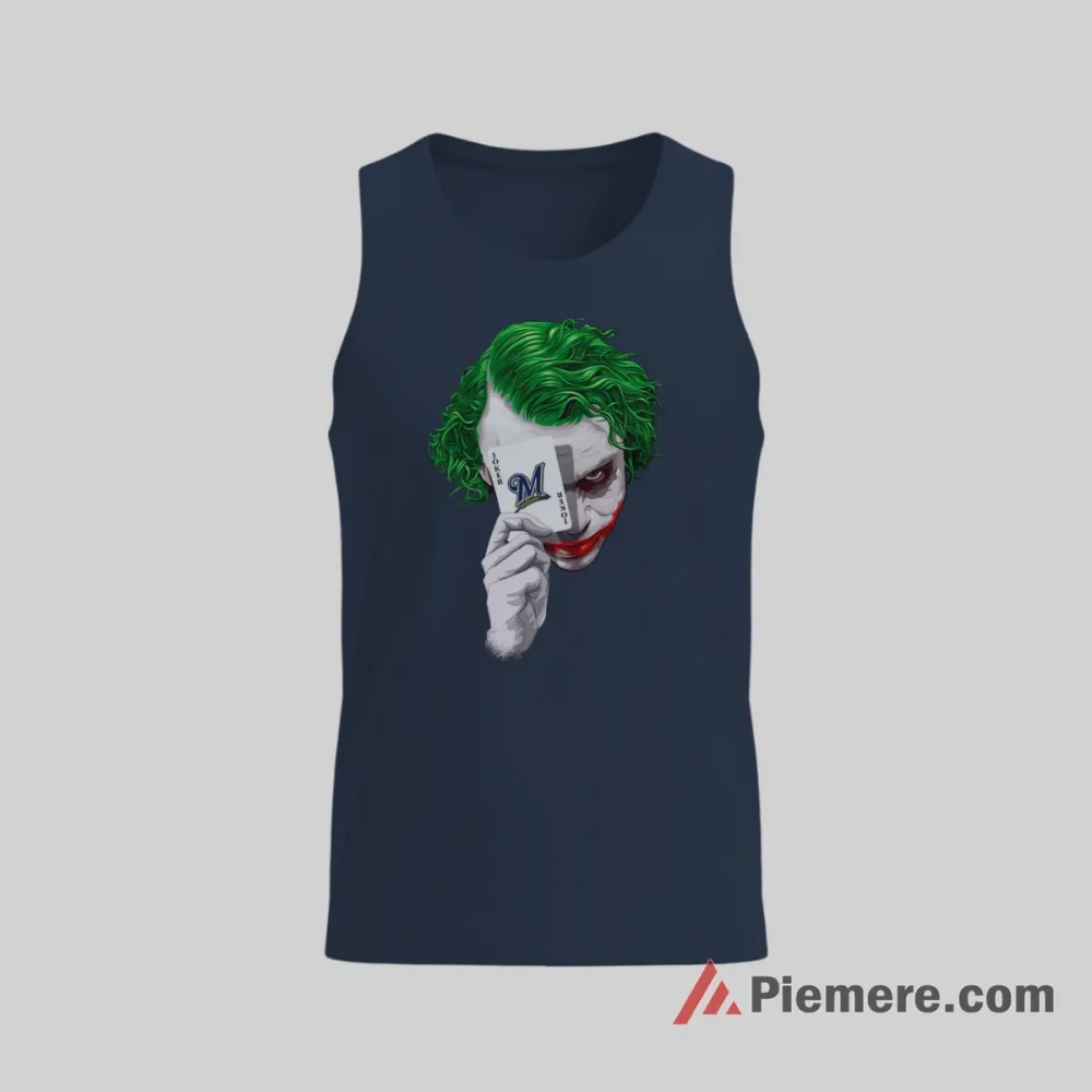 Joker Card Milwaukee Brewers Dark Comic Fan Shirt on navy tank top for men graphic tee