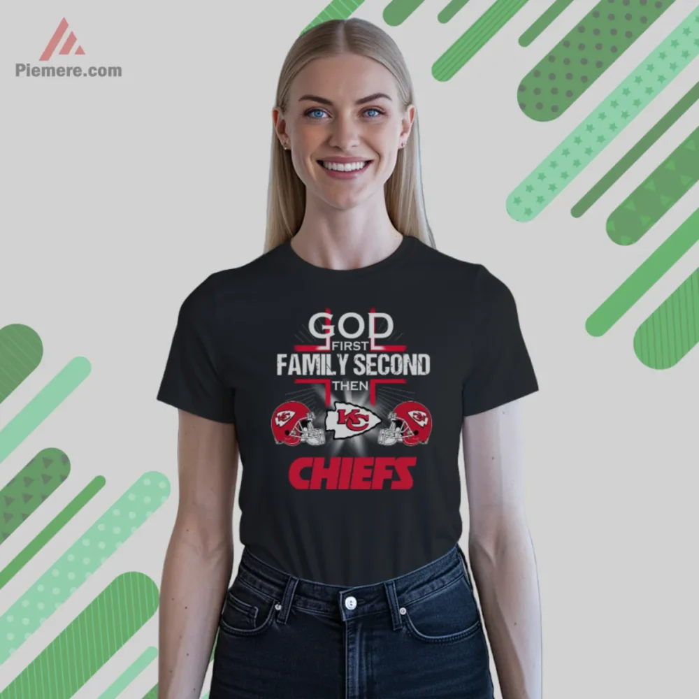 Kansas City Chiefs God First Family Second Football Shirt with arrowhead and helmets on black