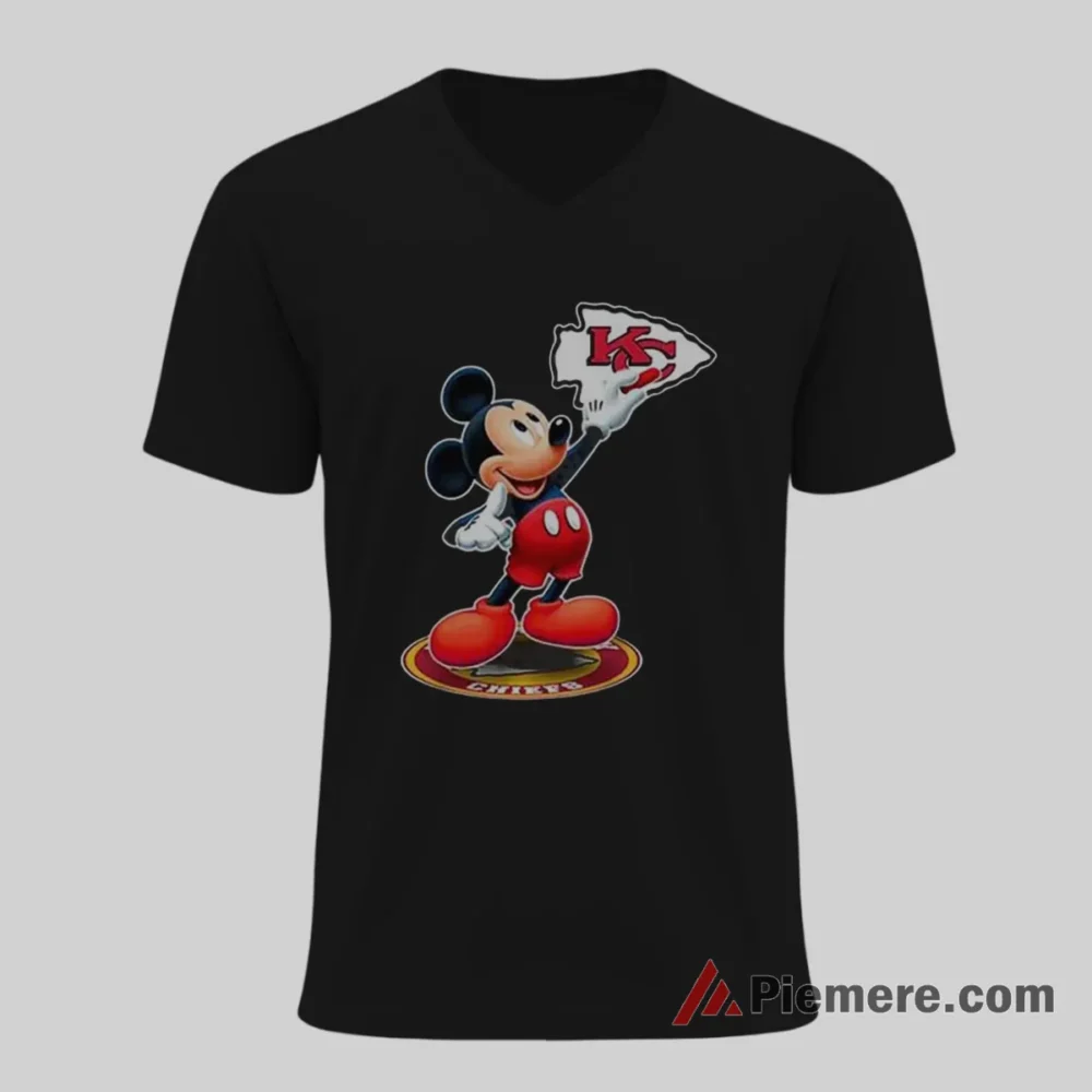 Kansas City Chiefs Mickey Mouse Arrowhead Pointing Shirt on black v-neck shirt for men graphic tee