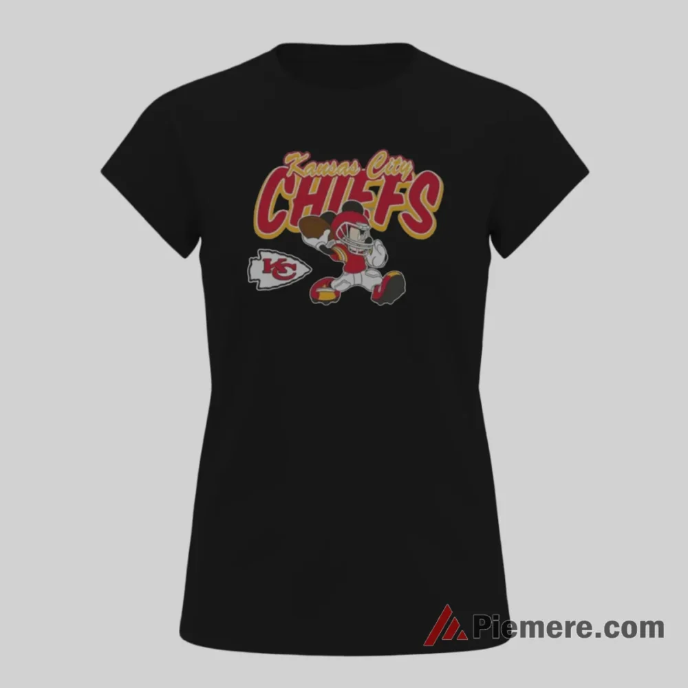 Kansas City Chiefs Mickey Mouse Retro Script Runner Shirt on black short sleeve shirt for women graphic tee