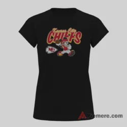 Kansas City Chiefs Mickey Mouse Retro Script Runner Shirt on black short sleeve shirt for women graphic tee