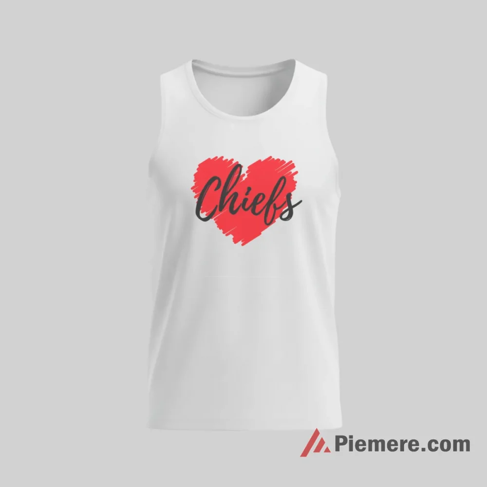 Kansas City Chiefs Red Heart Script Fan Shirt on white tank top for men graphic tee