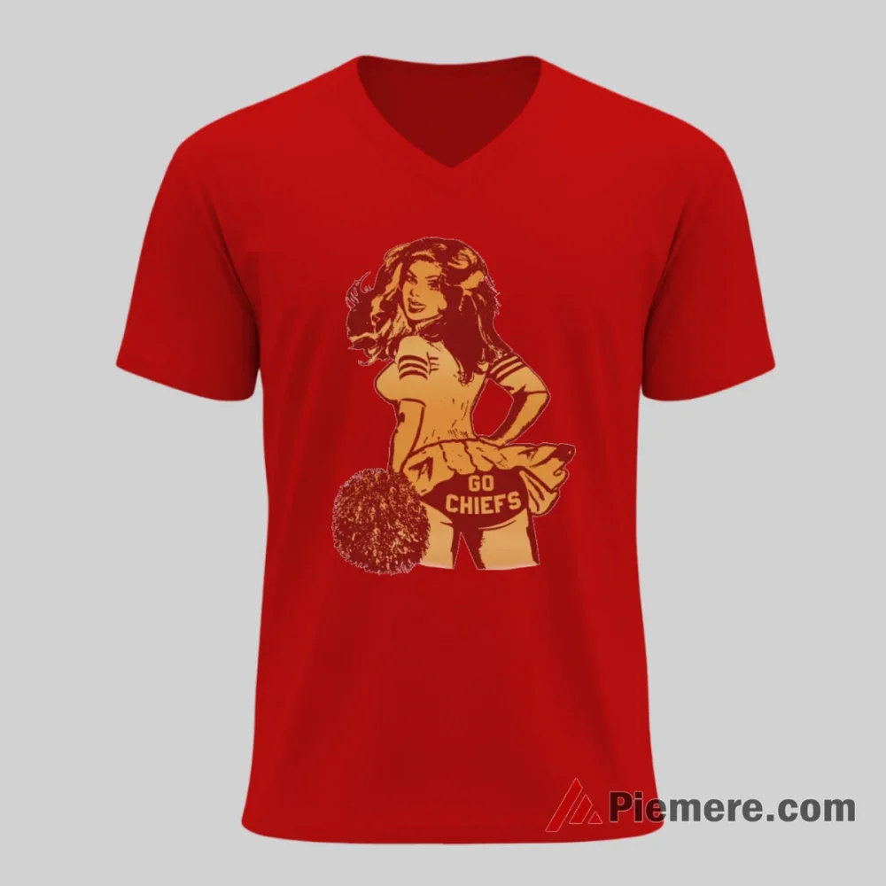 Kansas City Chiefs Retro Cheerleader Go Chiefs Spirit Shirt on red v-neck shirt for men graphic tee