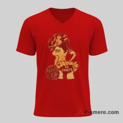Kansas City Chiefs Retro Cheerleader Go Chiefs Spirit Shirt on red v-neck shirt for men graphic tee