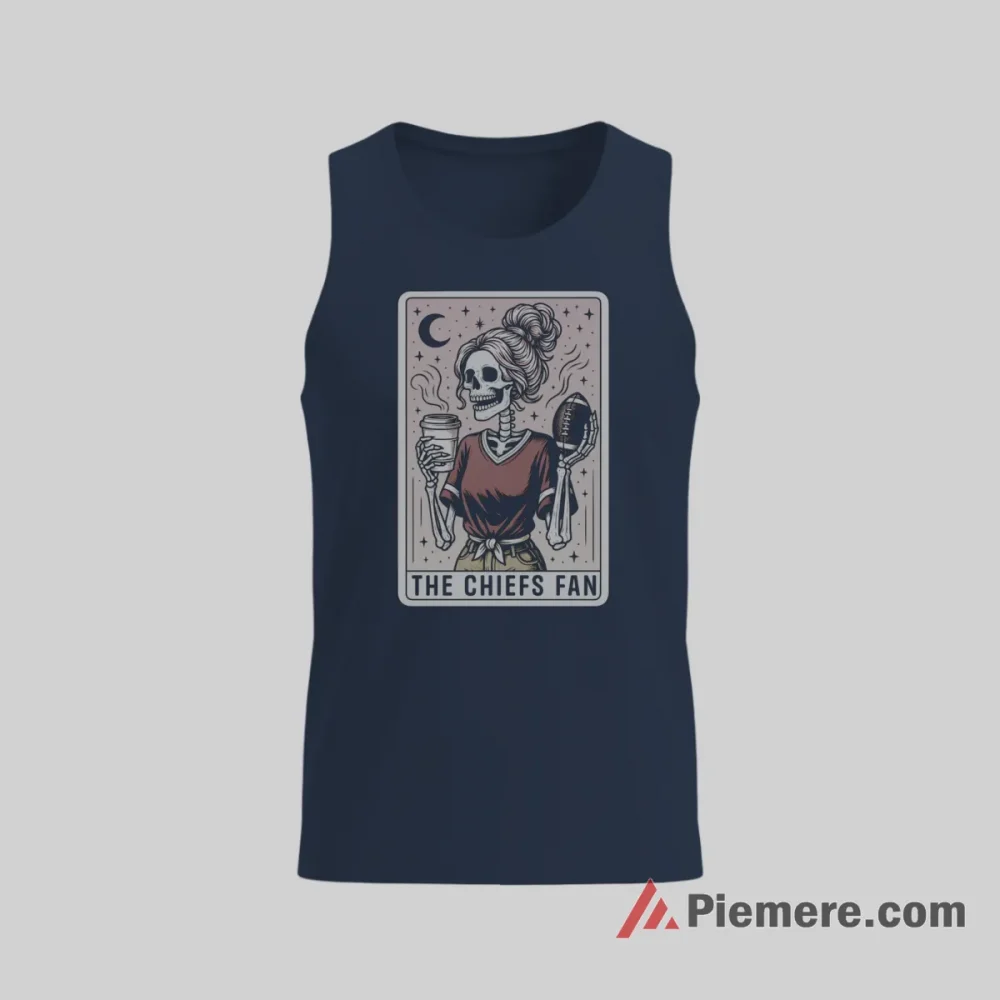 Kansas City Chiefs Tarot Skeleton Fan Art Shirt on navy tank top for men graphic tee