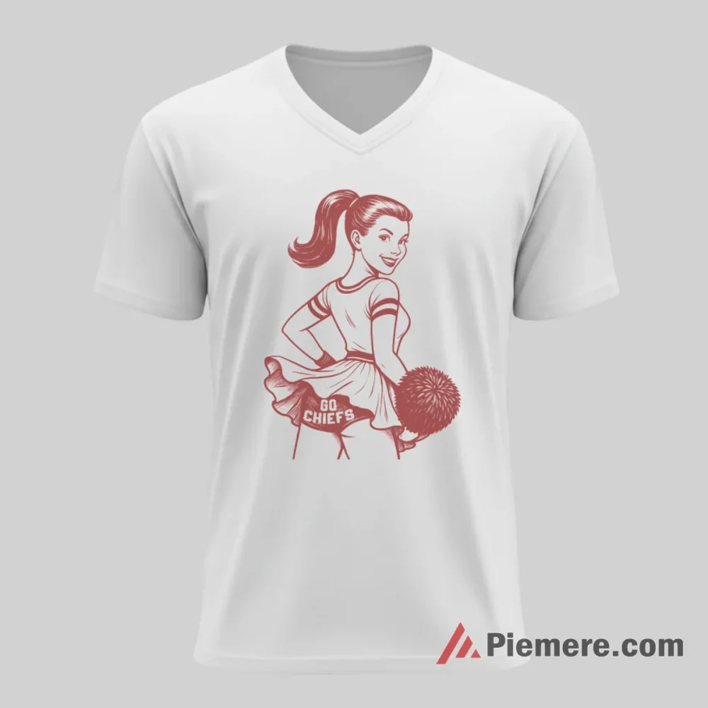 Kansas City Chiefs Vintage Cheer Girl Fan Shirt on white v-neck shirt for men graphic tee